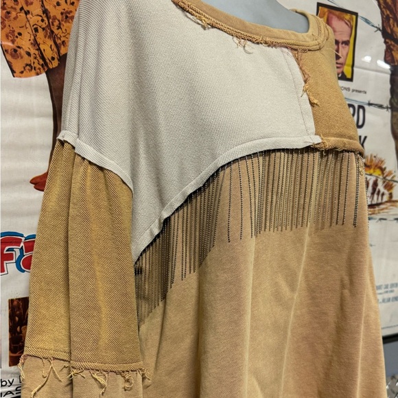 POL Metal Fringe Detailed French Terry Oversized Sweater Top - Mustard Size L - Picture 3 of 7